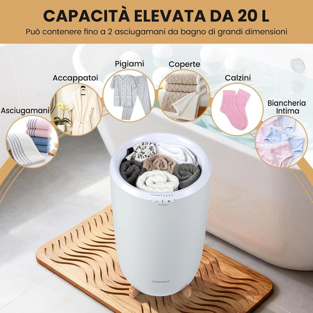 COSTWAY Scaldasalviette Bagno, Scaldabiancheria Grande 20 L con Timer, Spegnimento Automatico, Impostazioni 15/30/45/60 Minuti, Secchio Portatile per Scaldare 2 Asciugamani Oversize, Accappatoi