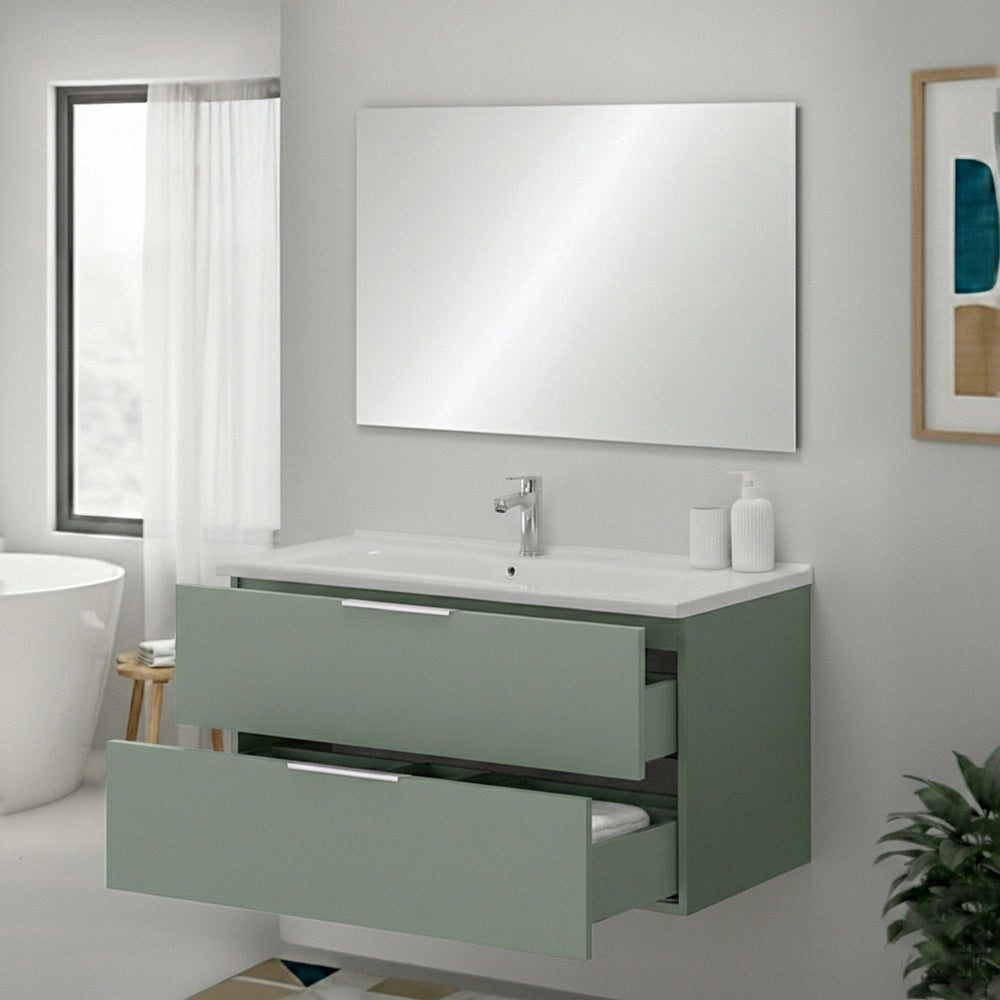 Mobile bagno sospeso 100cm verde opaco con cassetti lavabo e specchio Elva