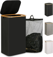 Wasmachine 110L con coperchio, grande vasca lavatrice con tasca interna rimovibile e lavabile, vasche lavatrici alte con maniglie in bambù (nero)