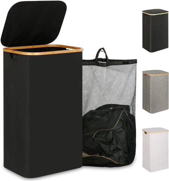 Wasmachine 110L con coperchio, grande vasca lavatrice con tasca interna rimovibile e lavabile, vasche lavatrici alte con maniglie in bambù (nero)