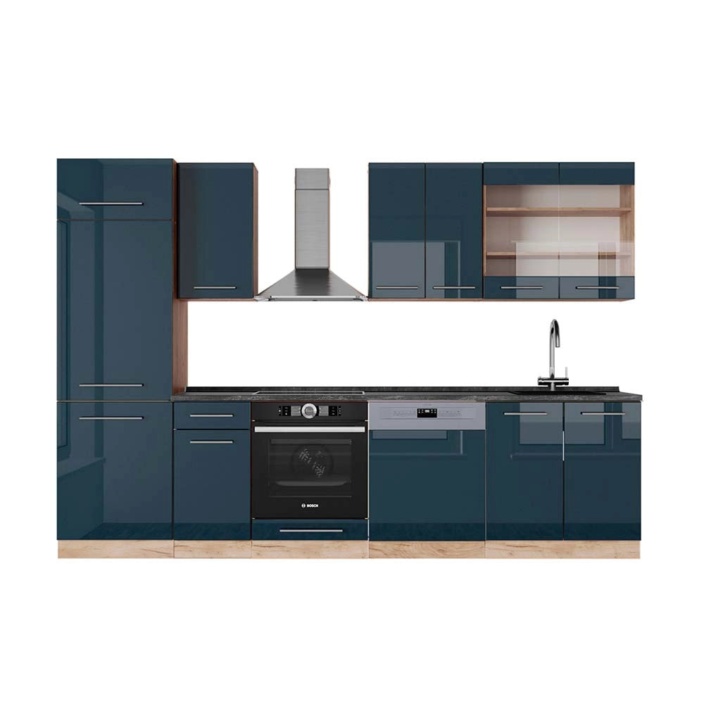 Cucina componibile Fame-Line Blu scuro lucido/Rovere dorato 300 cm, PL Antracite Vicco