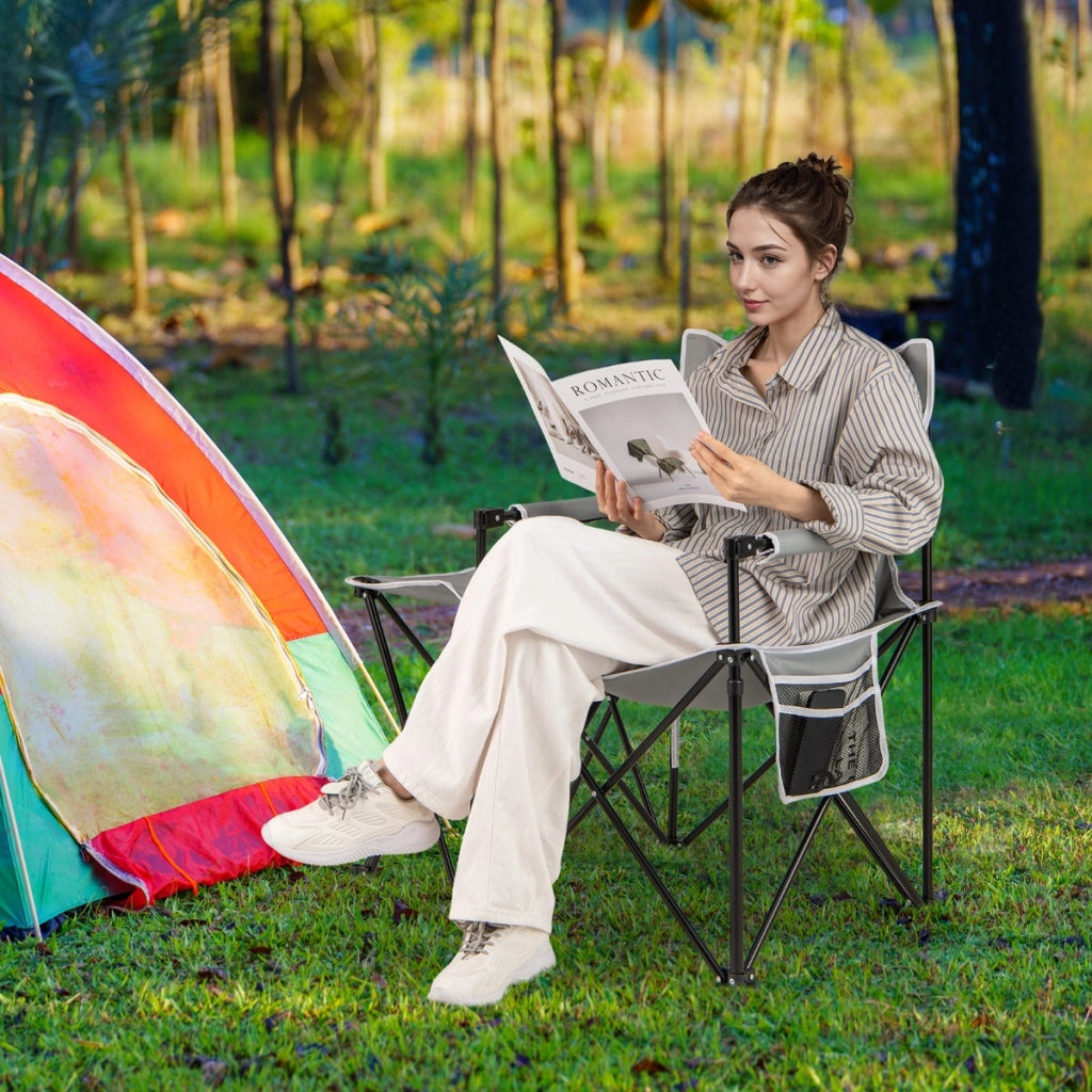 Sedia da picnic pieghevole con 2 tasche braccioli imbottiti borsa da trasporto, Sedia da campeggio con tavolino laterale Grigio