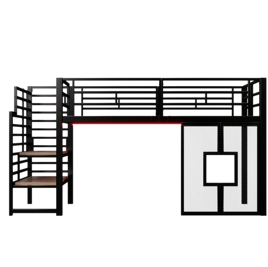 Letto a soppalco 90x200 cm con scala; contenitore; LED e finestre in metallo e MDF nero
