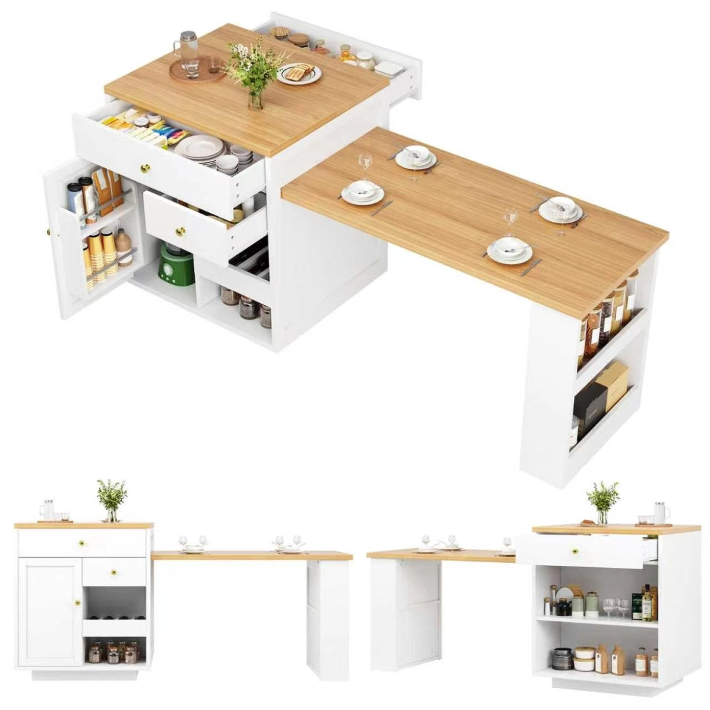 Mobile cucina a isola con piano estraibile; 2 cassetti e vani; per cucina; in MDF; 122.5x70x93.8 cm; bianco