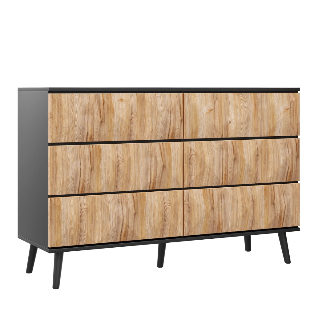 Sideboard 120x40x85 cm con 6 cassetti; finitura moderna in MDF e truciolare nero e naturale