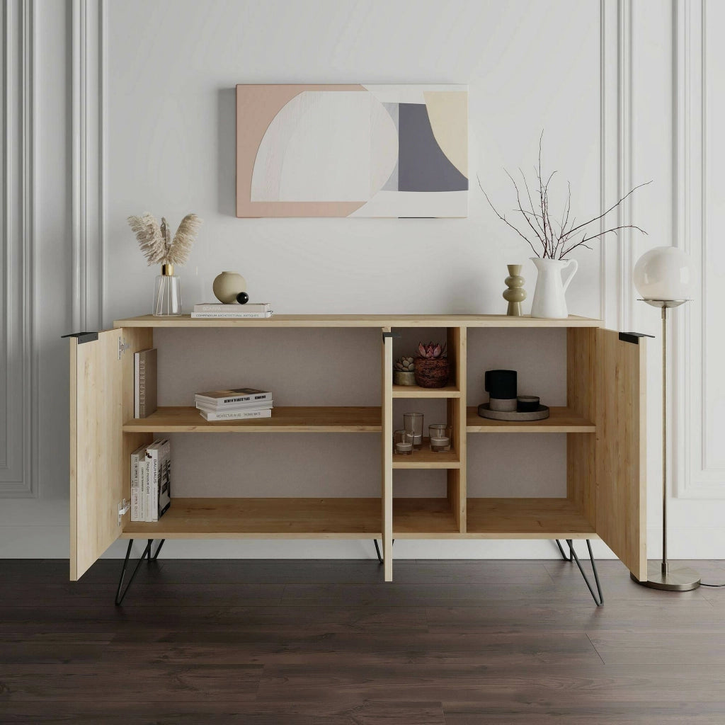 Credenza Alin, Buffet da soggiorno, Madia da salotto, Dispensa da cucina, 142x36h83 cm, Quercia