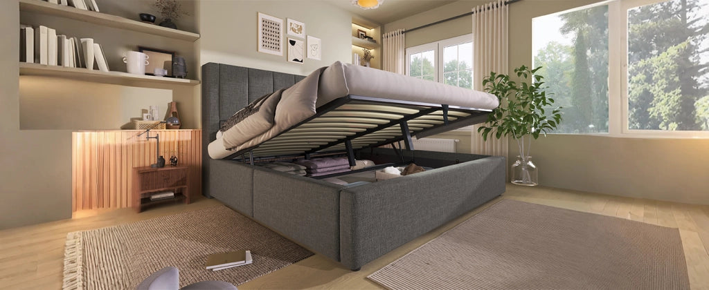 DESMIU Letto contenitore 140 × 200 cm 2 posti con portabicchieri, ricarica USB e Type-C, senza materasso, grigio