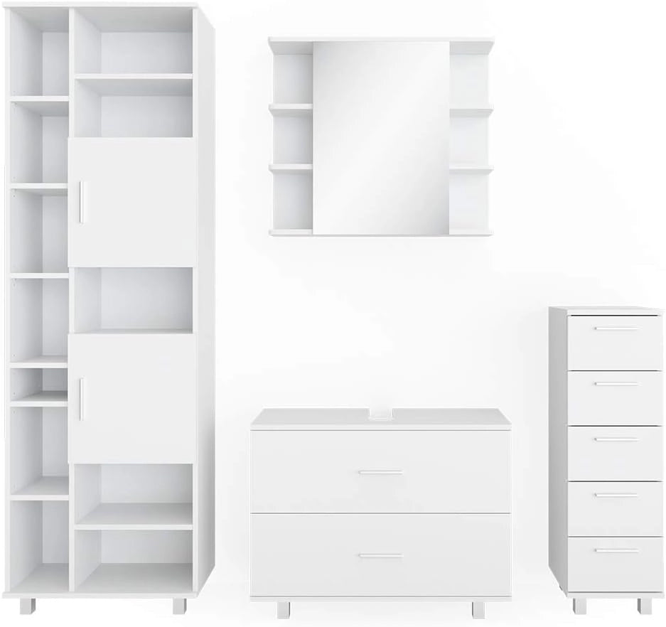 Set mobili bagno Ilias, Bianco, 80.2 cm, composto da mobile lavabo, pensile a specchio, colonna e base media