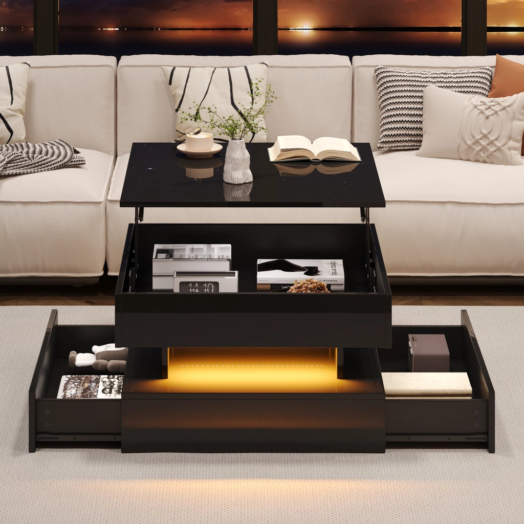 Tavolino da caffè alzabile con 2 Cassetti; Vano Nascosto e LED per Soggiorno; in Truciolare; 65 × 65 × 38.5 cm; Nero