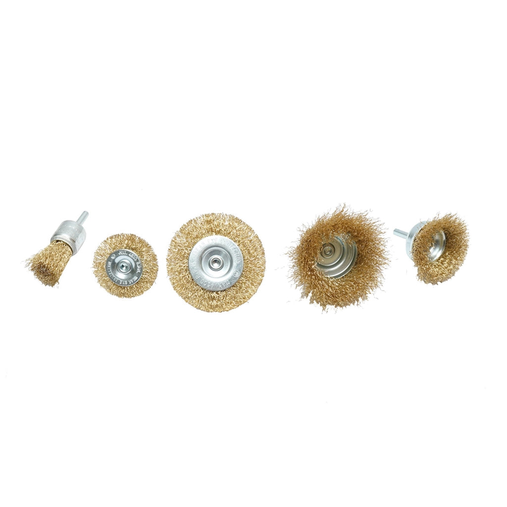 Set di 5 spazzole in filo metallico circolari 50-75 mm, a coppa 50-75 mm, a pennello 25 mm per trapano, Crownman.