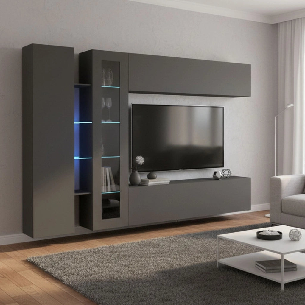 Parete attrezzata Annie, Set salotto porta TV a 4 ante, Mobile soggiorno multiuso, 100% Made in Italy, cm 280x30x180, Antracite