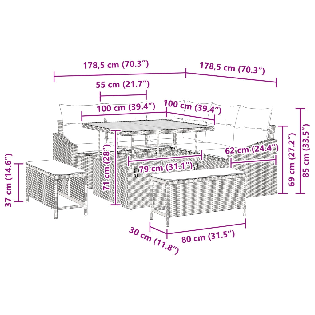 Set Divano da Giardino 8 Pezzi con Cuscini Grigio Polyrattan Acacia