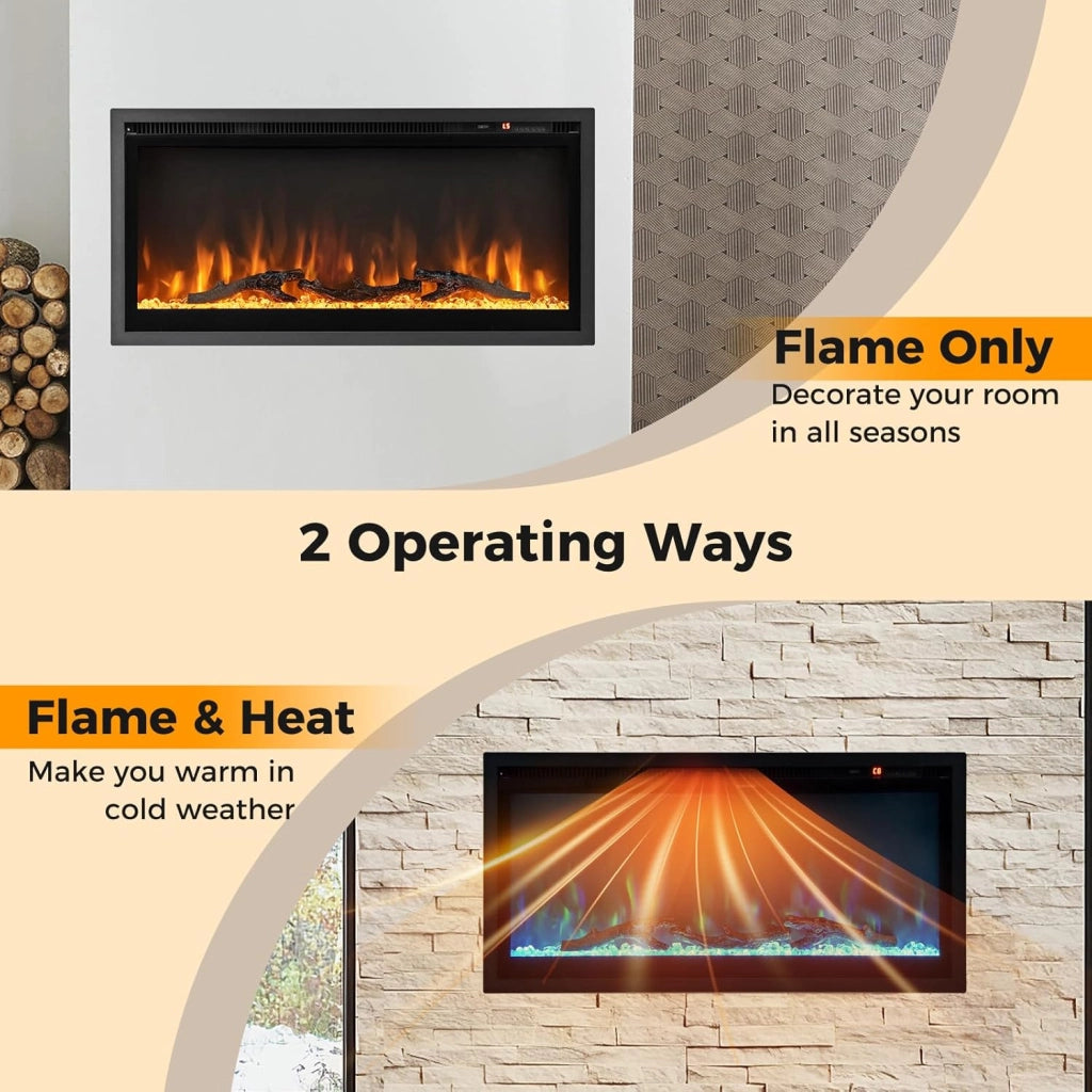 Camino Elettrico 750W/1500W, Caminetto Elettrico con Effetto Fiamma LED a 9 Colori, 5 Livelli di Luminosità,18-28℃, Protezione Anti Surriscaldamento, Telecomando (91,44 x 14,2 x 45 CM)