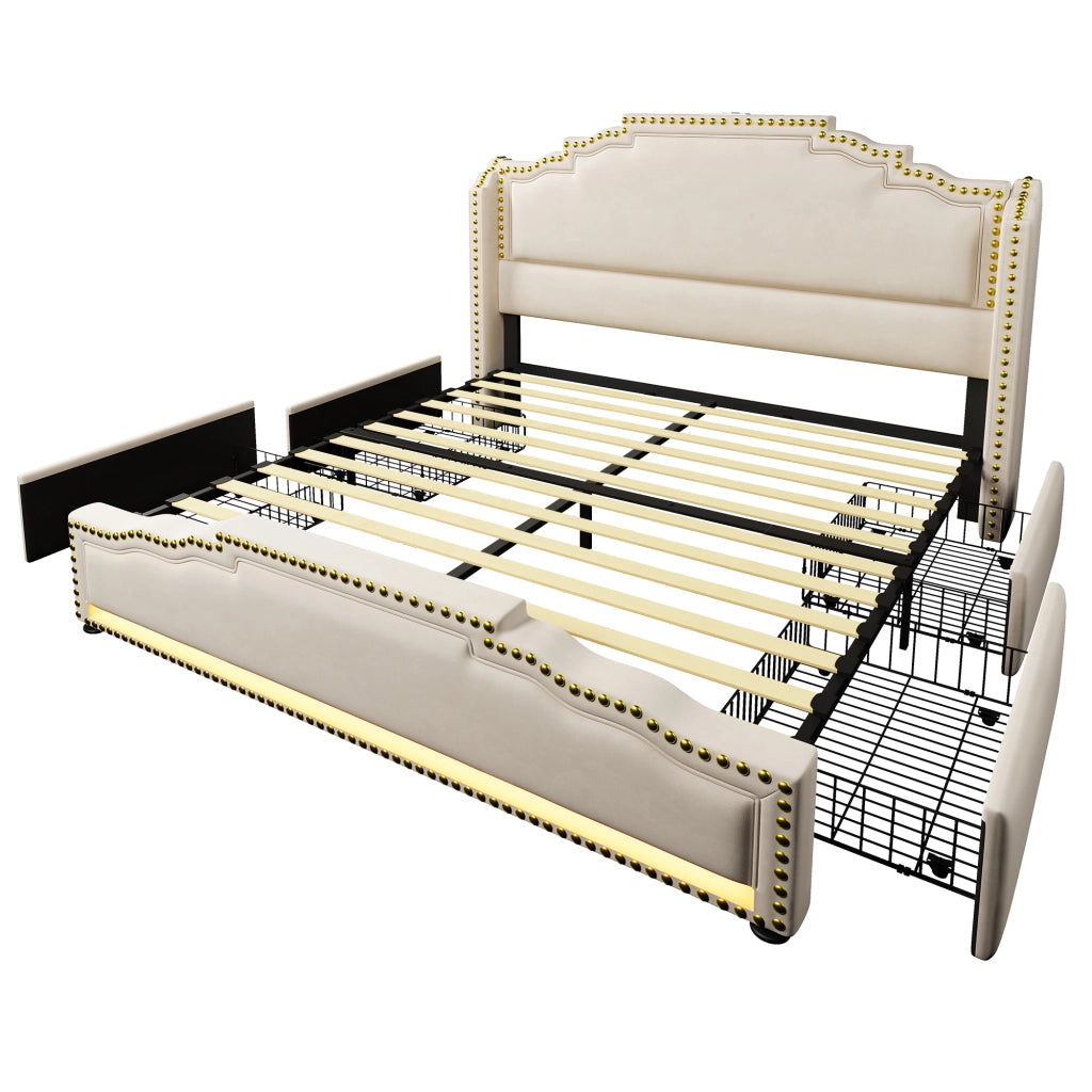 Letto matrimoniale 160x200 in velluto beige con LED, porte USB/Type-C, 4 cassetti e materasso incluso