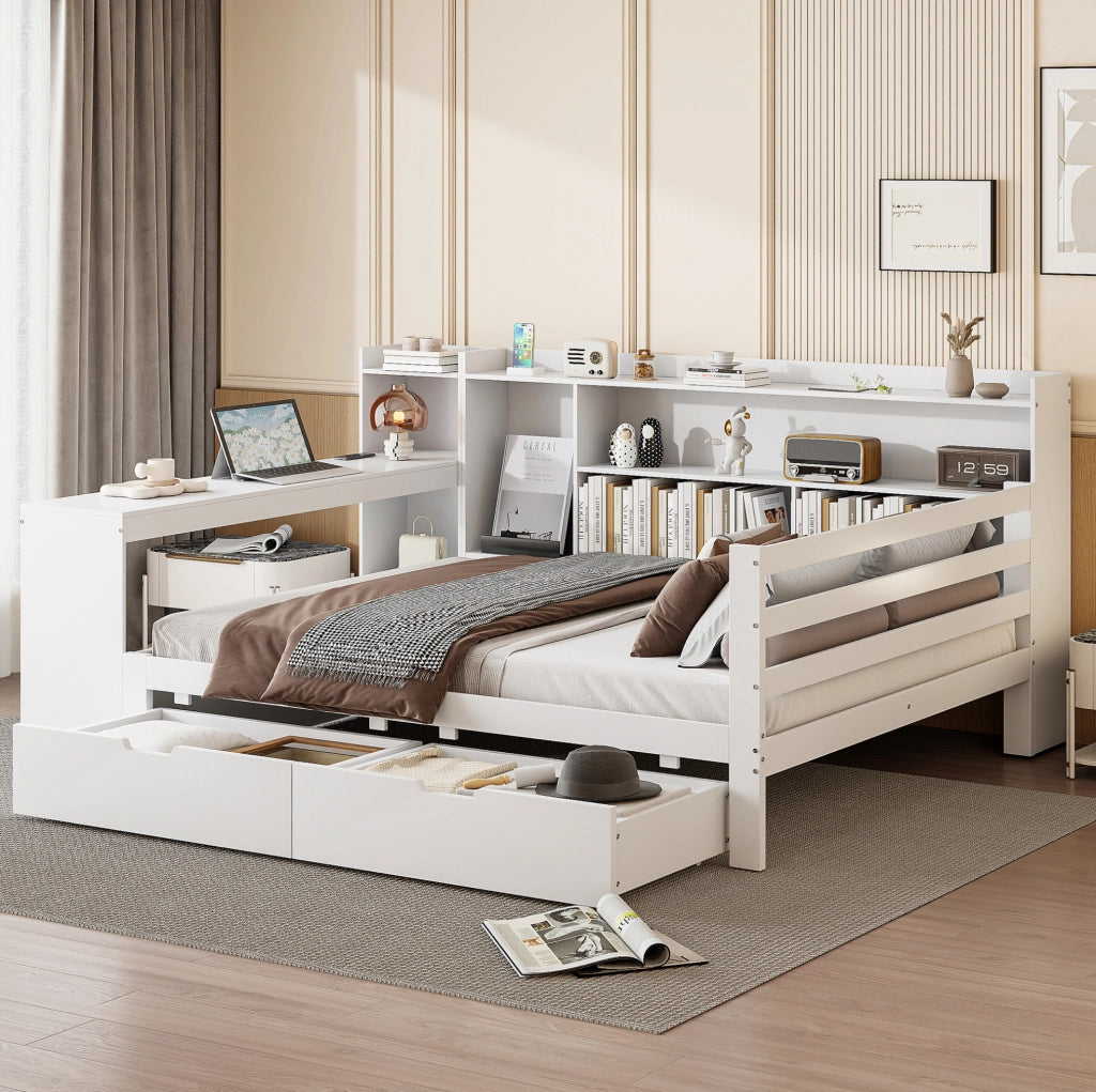 Letto matrimoniale 140x200 con scrivania e cassetti bianco