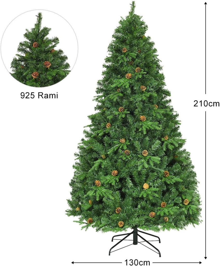 Albero di Natale 210 cm, Albero di Natale con 460 Luci a LED Bianco Caldo, 925 Rami e Pigne, Decorazione Natalizia per Casa e Negozio (210cm)