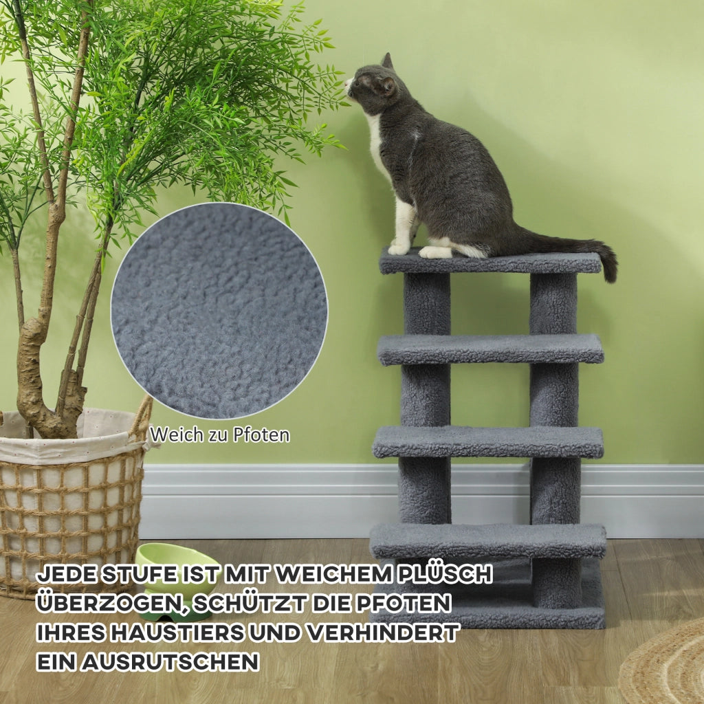 Tiragraffi per gatti a 4 livelli per salire e scendere in truciolato e peluche grigio 63,5 × 43 × 60 cm