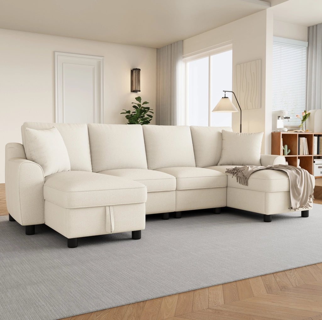 Divano a U in chenille beige con chaise longue contenitore; 280x137x84 cm