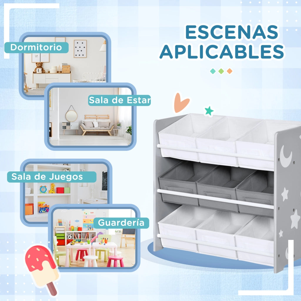 Contenitore Portagiochi con 9 Cassetti in Tessuto Estraibili per Cameretta ¨C Zephmum ¨C Grigio 63x30x60 cm
