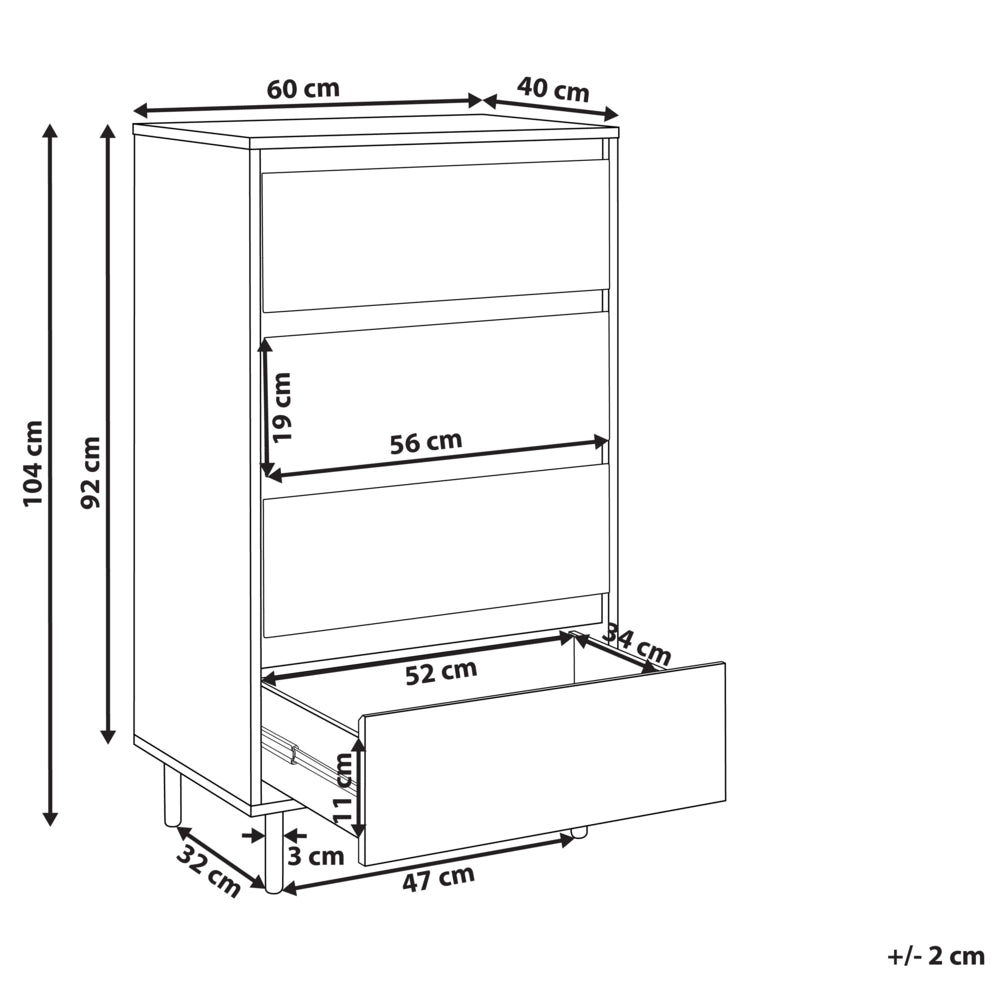 Cassettiera in legno chiaro metallo gambe nere 60 x 40 x 104 cm con 4 cassetti soggiorno camera da letto corridoio mobile contenitore stile scandinavo