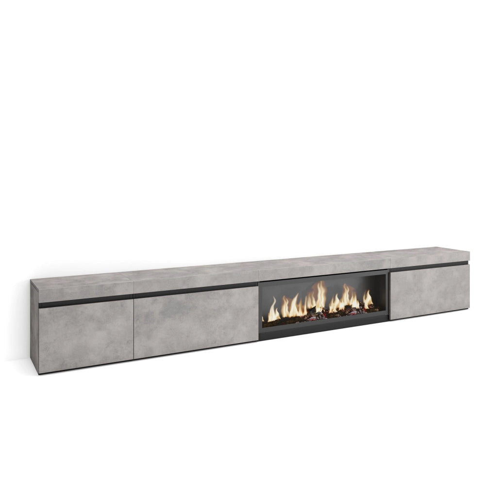 Mobile TV Soggiorno, 317x35x45cm, Camino elettrico XXL, grigio cemento RF3668