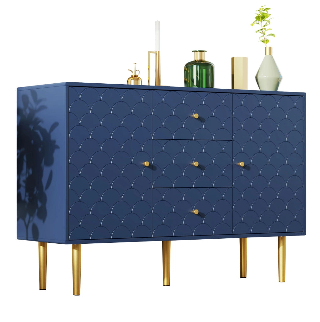 Credenza con 2 ante e 3 cassetti 120x40x83 cm in truciolare e metallo; blu navy