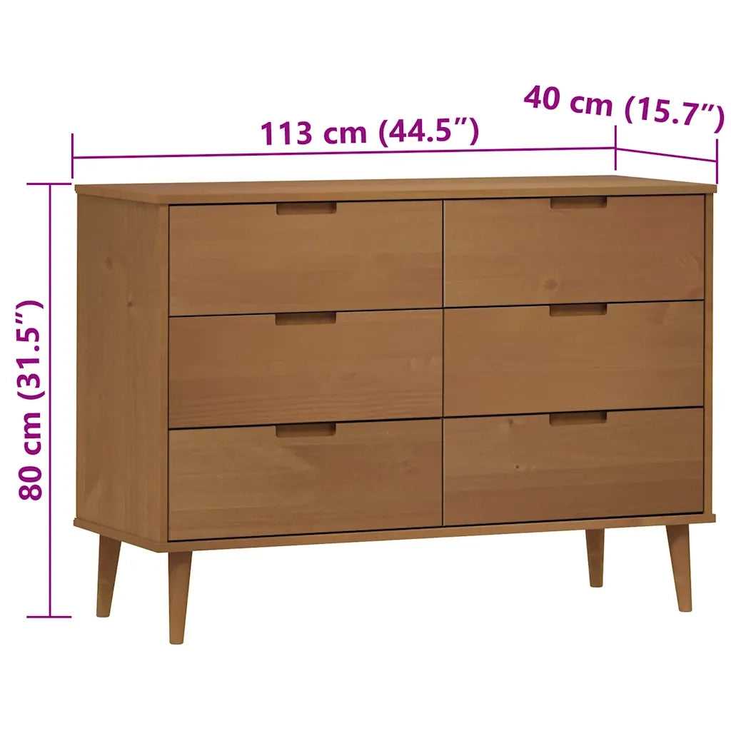 Cassettiera MOLDE Marrone 113x40x80cm in Legno Massello di Pino 4013410