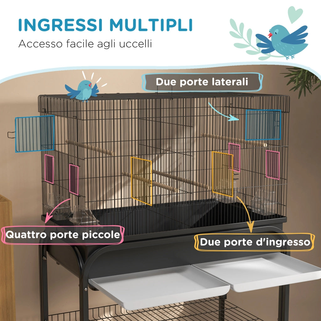 Voliera Gabbia per Uccelli da Interno 85x49x119 cm con Vassoio Ripiano e Ruote con Freno Nero