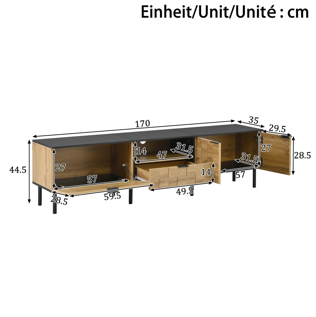 Mobile TV 170x35x44.5 cm con 2 ante; cassetto e vano aperto in pannello truciolare naturale