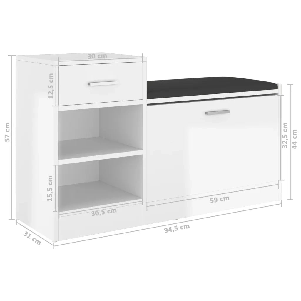Panca Porta Scarpe Bianco Lucido 94,5x31x57cm Legno Multistrato 326747