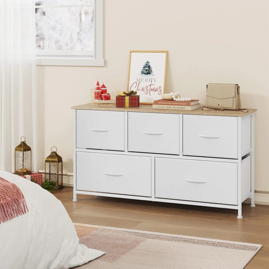 Cassettiera Camera da Letto, Cassettiera con 5 Cassetti a 2 Livelli in Tessuto, Mobile con Cassetti Industriale, Struttura in Metallo e Legno, Bianco, 100x30x54cm, SSK005ws