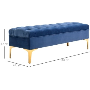 Panca da letto pouf imbottito multifunzionale con seduta trapuntata e gambe dorate in velluto blu 118 × 45 × 42 cm