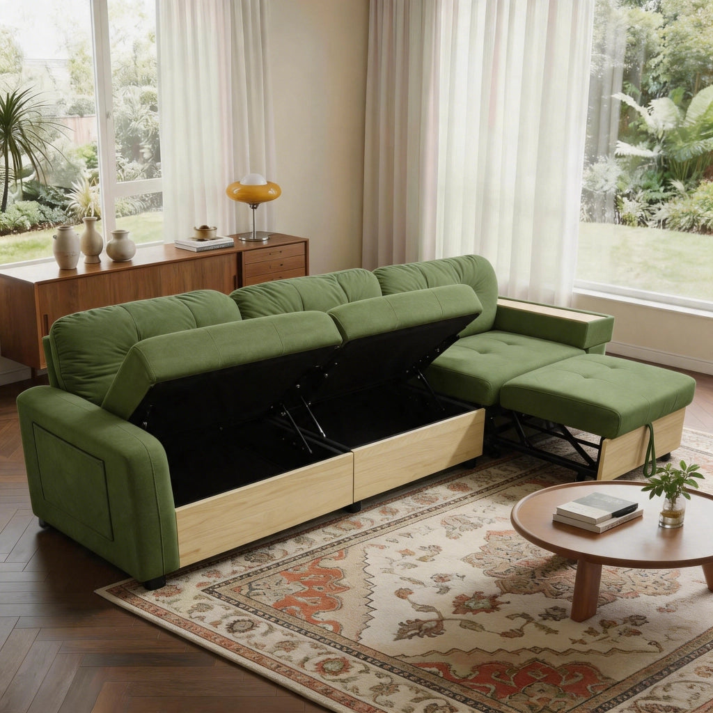 Divano angolare modulare a L con chaise longue estraibile, spazio contenitore e porte USB, in velluto verde per soggiorno