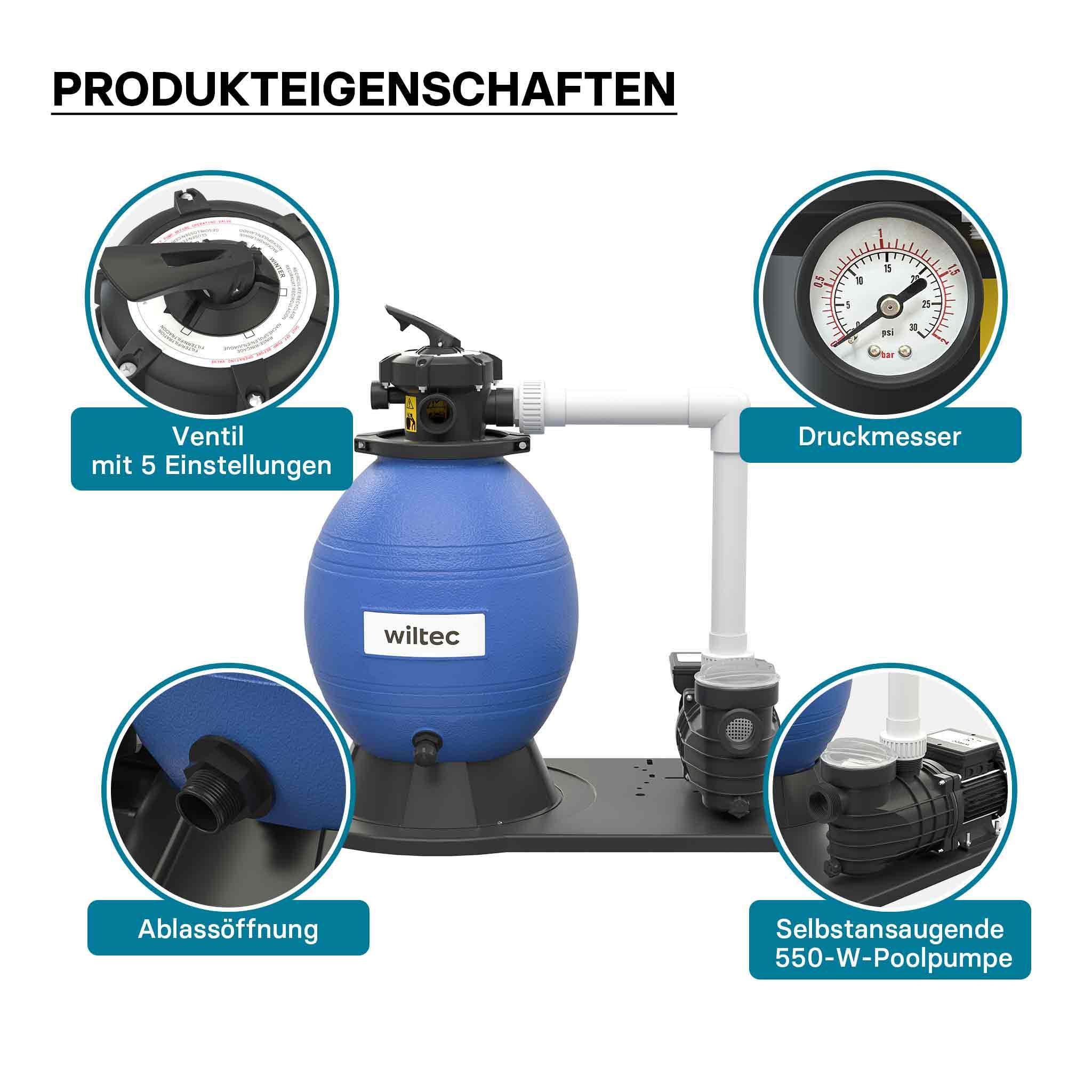 Filtro a sabbia per piscina, 550 W, serbatoio filtrante 38 l, pompa piscina autoadescante 18.000 l/h