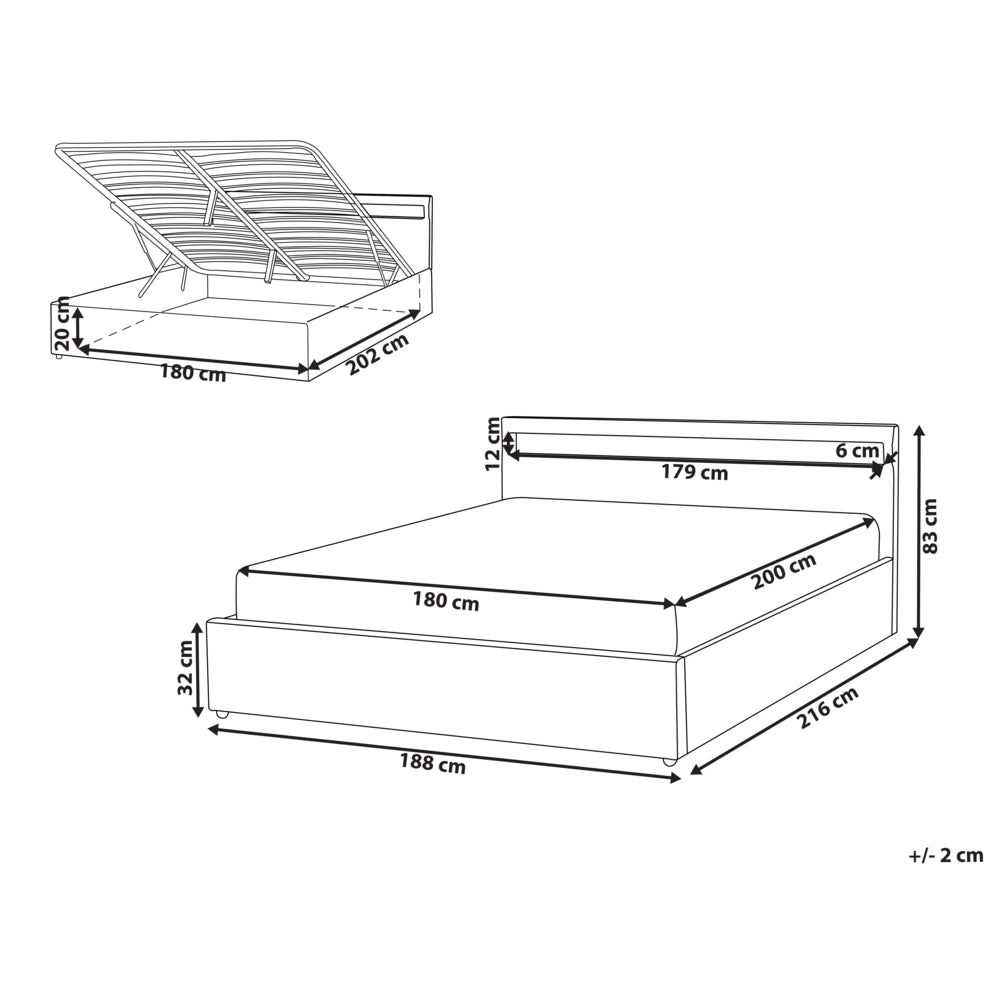 Letto matrimoniale in tessuto nero con LED 180 x 200 cm con contenitore e ottomana con doghe in legno