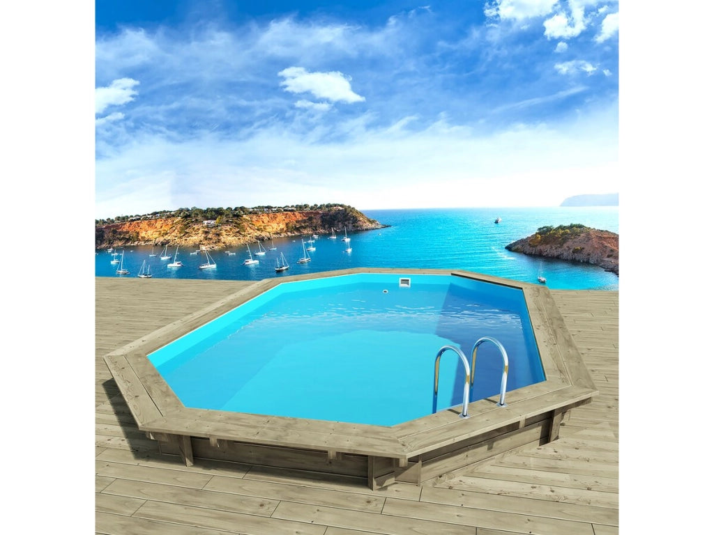 Piscina in legno "Miami 145" - 4,86 x 3,36 x 1,45 m + Mini pompa di calore 3,5kW - Metallo - Grigio