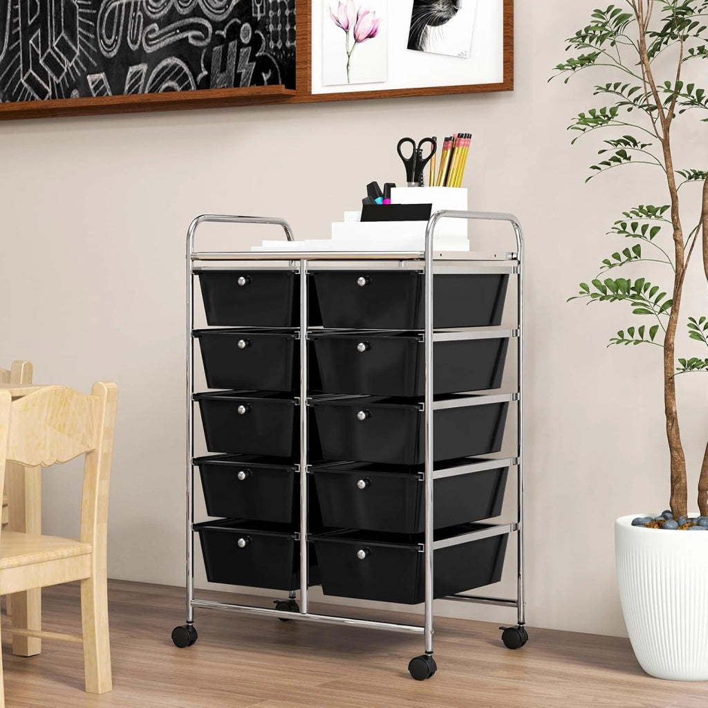 Carrello a 10 Cassetti con Ruote, di Stoccaggio con Stabilità Elevata, Multiuso per Casa Ufficio e Scuola, 65,5 x 37 x 87 cm (Nero)