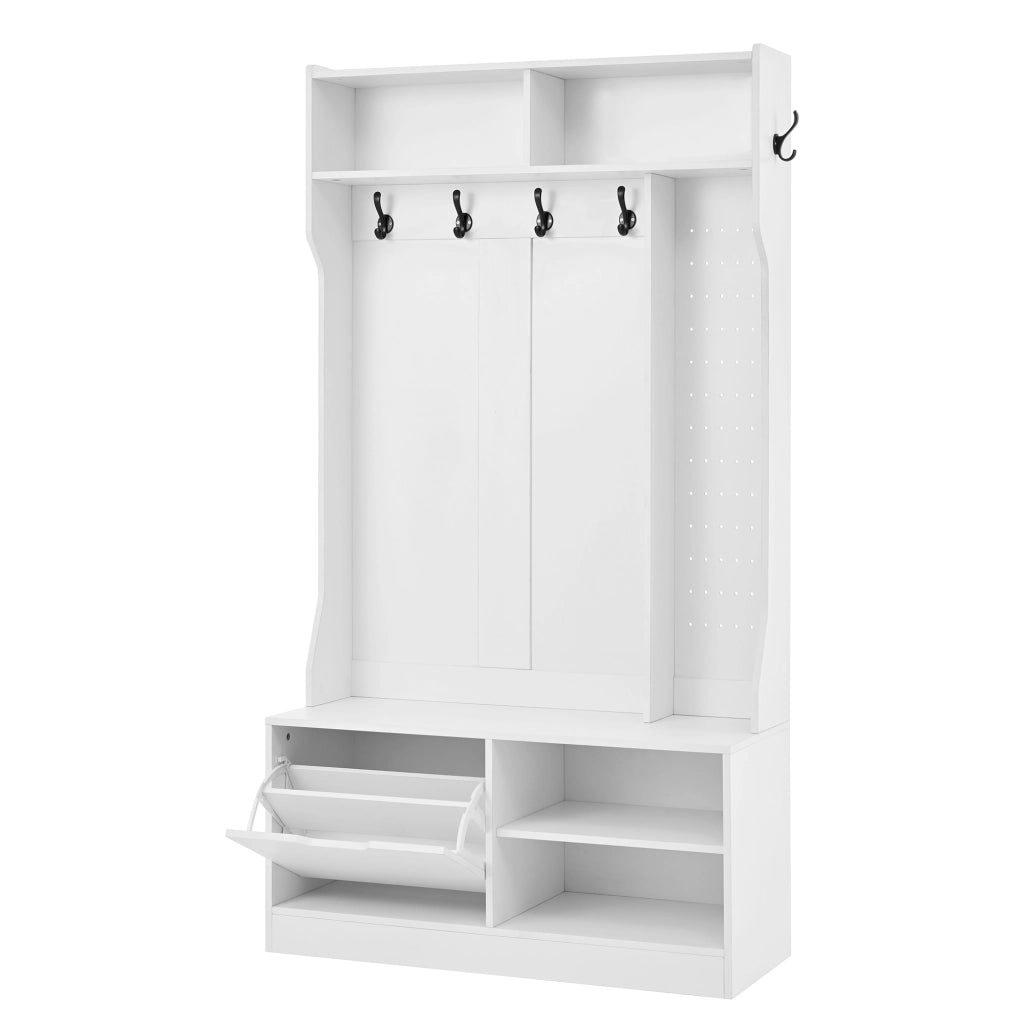 OKWISH Mobile da Ingresso con Panca, 6 Ganci, Vani Aperti e Scarpiera Ribaltabile, Bianco, 100 x 40 x 185.5 cm
