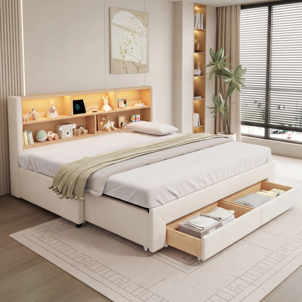 LETTO Estraibile 90x200 cm Velluto Beige con cassetti, USB e LED