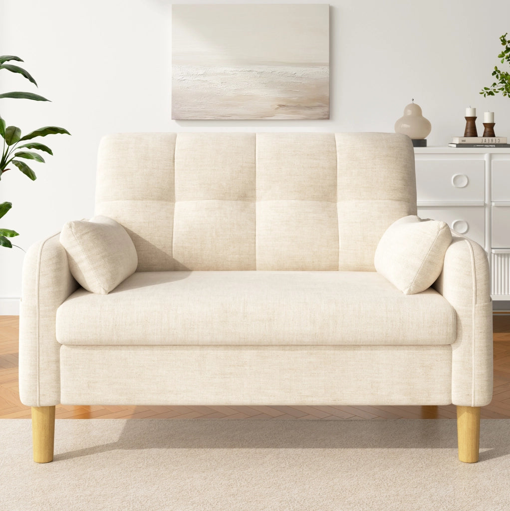 Divano a 2 posti in chenille beige con 2 cuscini; tasca laterale e schienale alto 119x78x85 cm