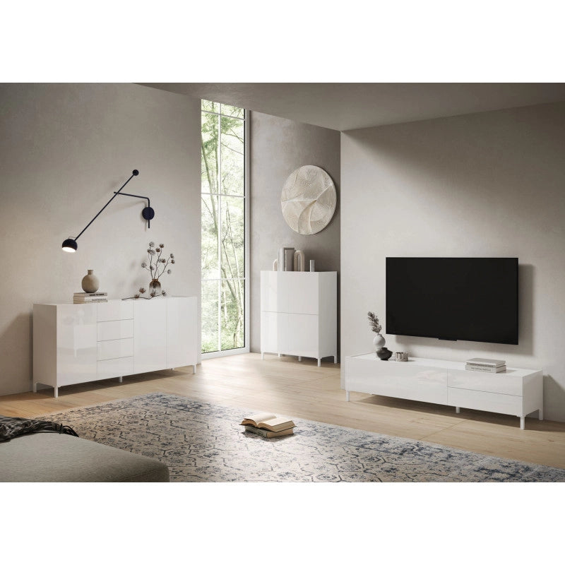 Credenza alta moderna 4 ante 90x35x110 cm Solaria - Bianco Lucido