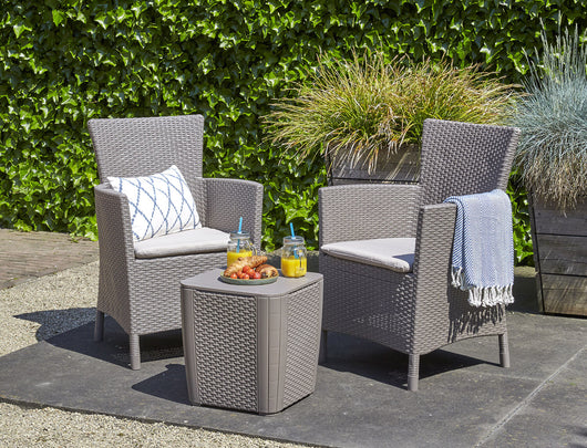 Set Tavolino e 2 Poltrone da Giardino Effetto Rattan Keter Iowa Balcony Cappuccino