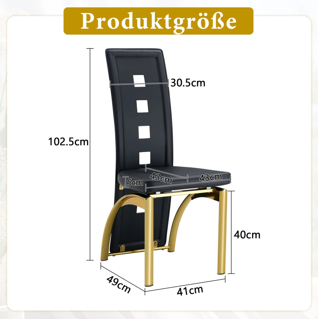 Set di 2 sedie da pranzo moderne con schienale traforato; H 102;5 cm; PU nero e metallo oro