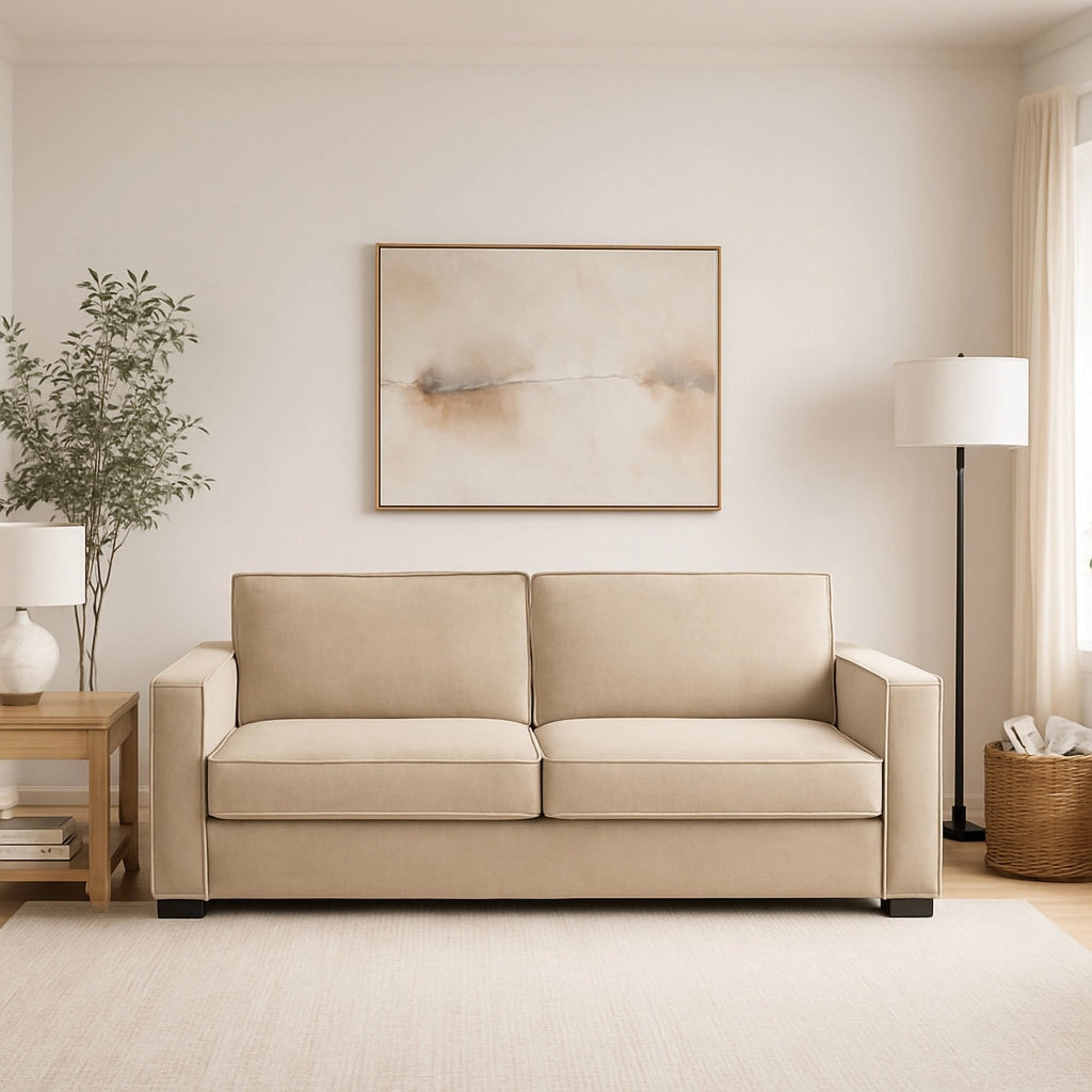 Divano fisso Eletta, Divano a 2 posti Large, Made in Italy, SofÒ  Soggiorno in tessuto, con Braccioli standard, cm 200x95h90, Beige