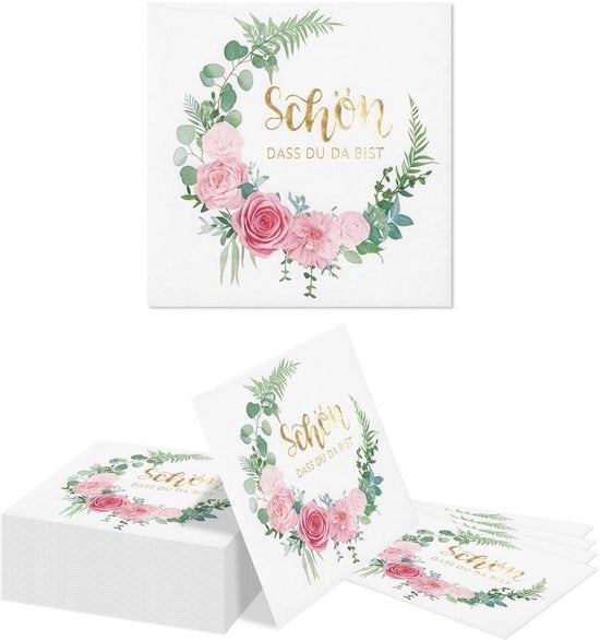 Serviette in carta 40 pezzi - 2 strati - Disegno a fiore - Rosa/Eucalipto - Idonea per alimenti - Soffice e assorbente - Serviette da festa