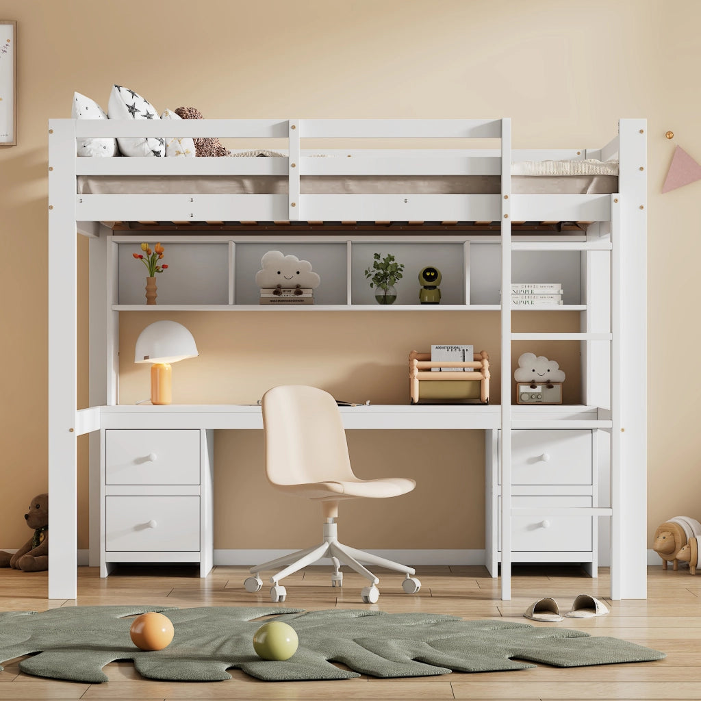 Letto a castello bianco in pino con funzione scrivania e spazio contenitivo 90x200 cm