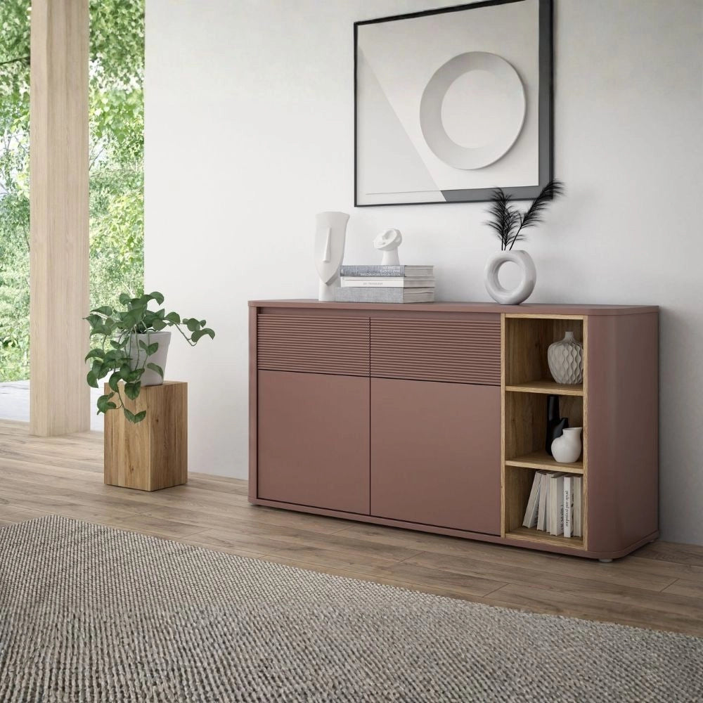 Madia Origin Core 2 ante 2 cassetti con vani a giorno 160 cm terracotta e dettaglio rovere