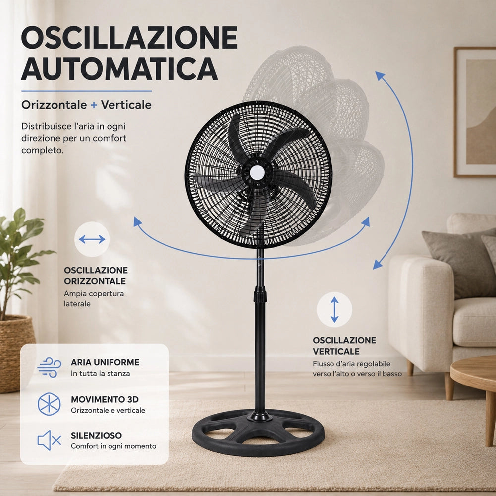 Ventilatore 3in1 Piantana Da tavolo Parete 3 Velocita Oscillazione 65W Pale 50cm
