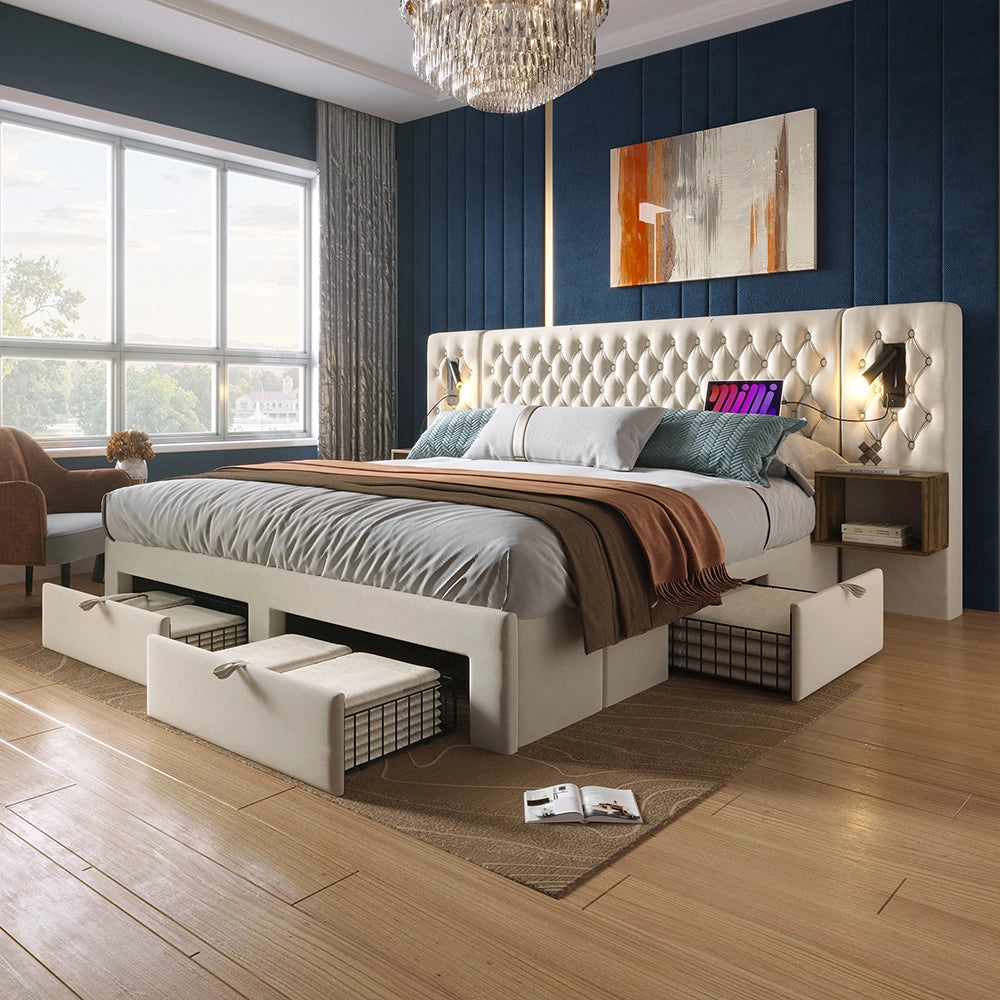Letto con contenitore - Xylo - 160x200 cm - Beige - 2 comodini, 4 cassetti, USB