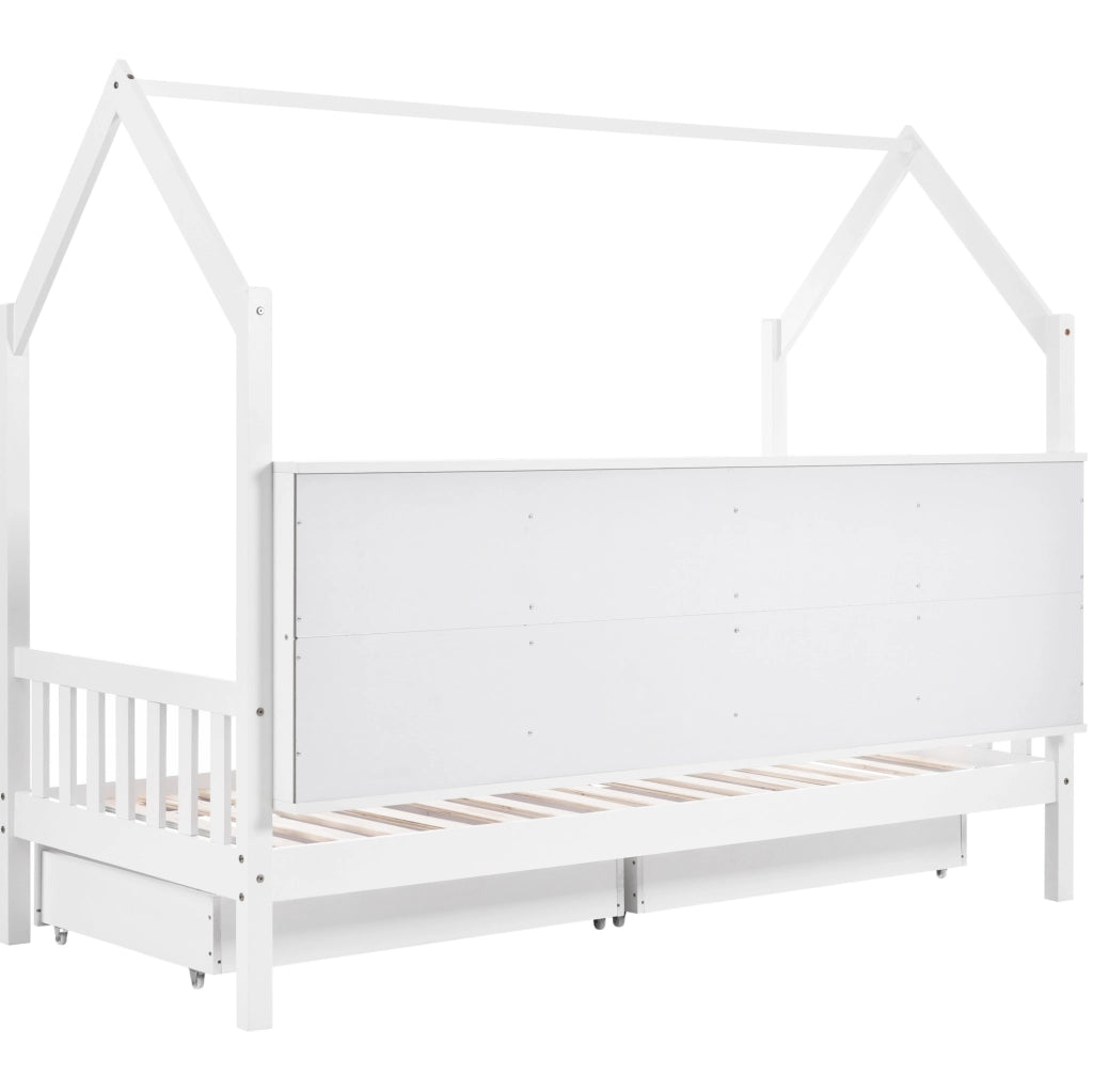 Letto per bambini a casetta 200x90 cm con 2 cassetti; scomparto portaoggetti; pino bianco
